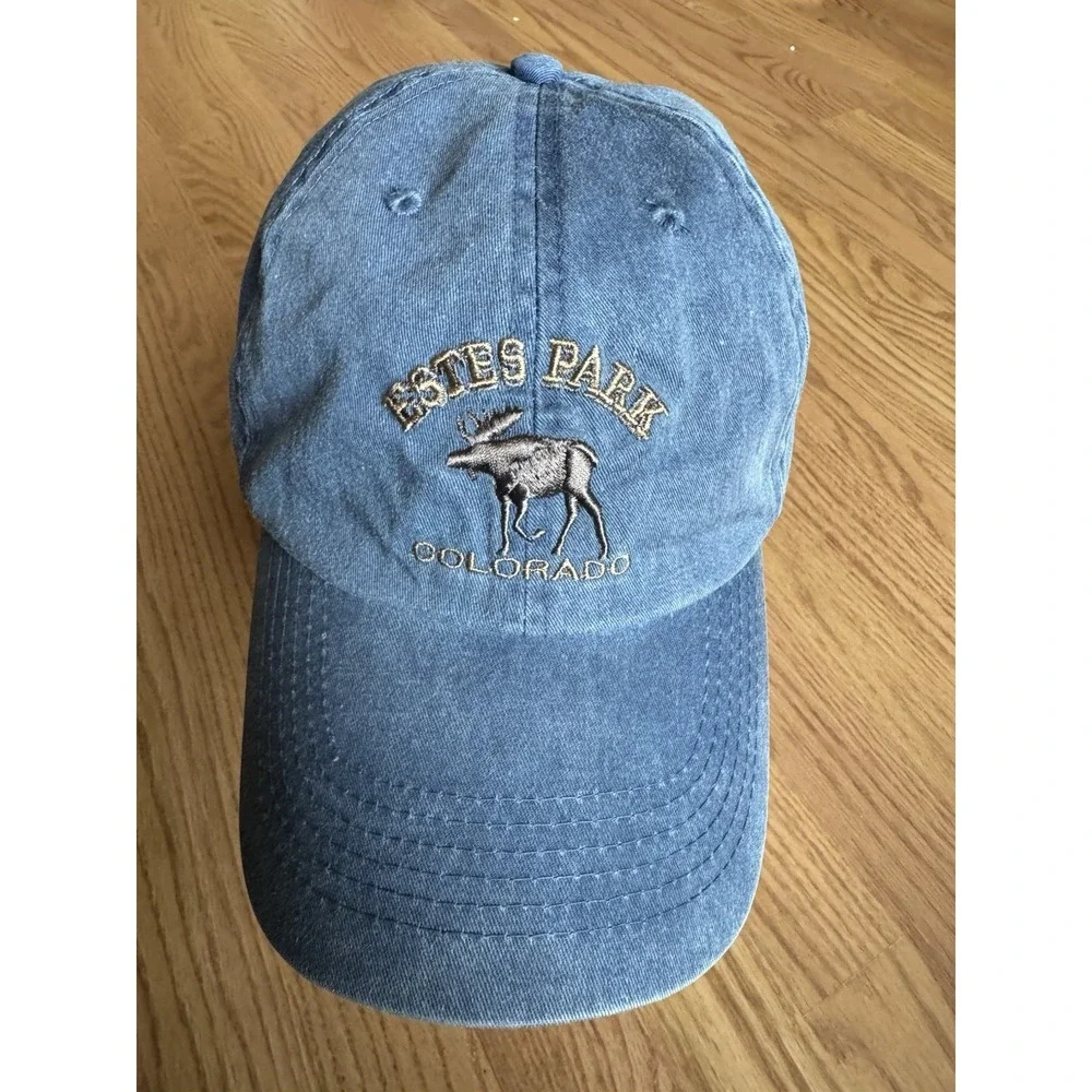 Estes Park Colorado Moose Embroidered Dad Hat Blue‎ Washed Cotton Cap